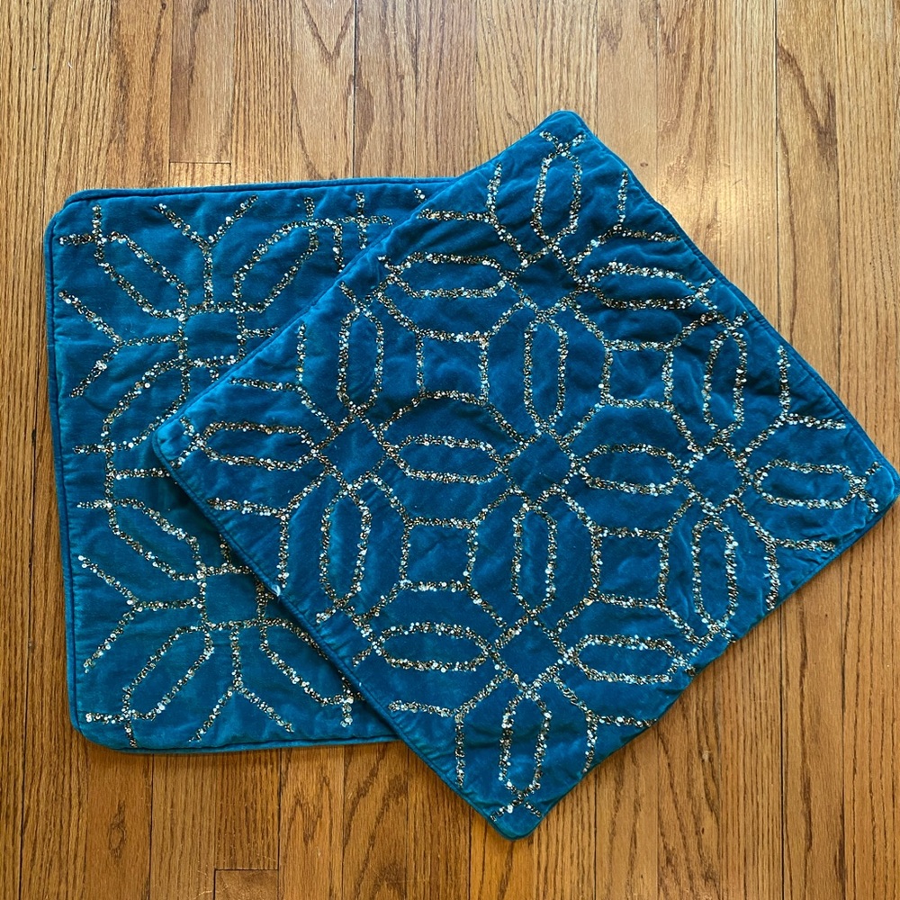 Set of 2 Velvet Teal and Gold Throw Pillows